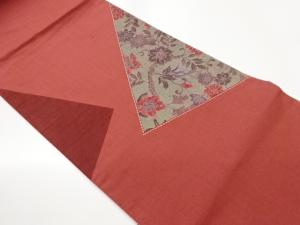 手織り紬切り嵌め刺し子相良刺繍花唐草模様袋帯
